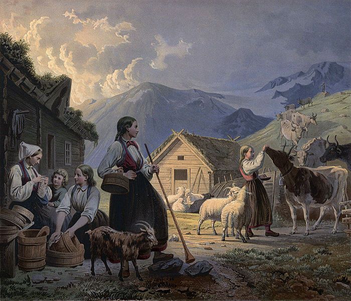 Maleri fra den norske fjellheimen. Ei ung budeie i bunad står med en lur og ser mot fjellet. Rundt henne er det en rekke andre unge kvinner, geiter, kyr og sauer. Alle kvinnene jobber.