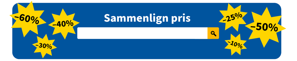 Prissøkmeny med teksten "Sammenlign pris" over et søkefelt. I tillegg er det gule stjerner med ulike prosentrabatter på blå bakgrunn. Illustrasjon.
