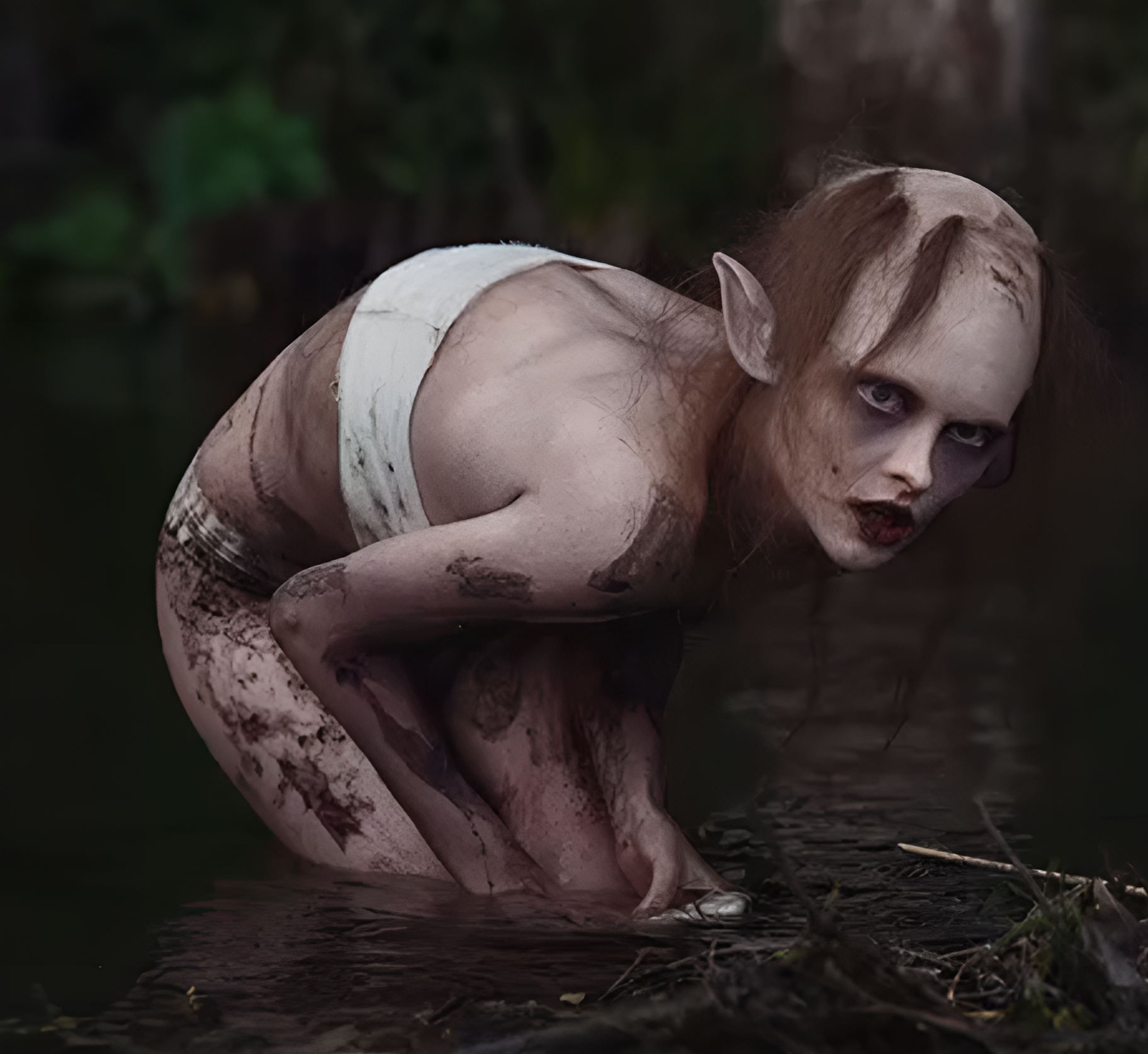 En nesten naken menneskeliknende figur står sammenkrøket til knes i vannet og har blikket festet på noe til høyre i bildet. Foto.