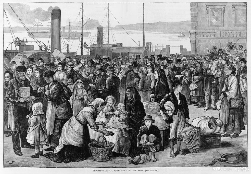 19th-century illustration of emigrants leaving Queenstown in Ireland