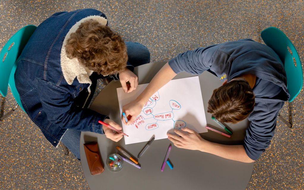 To gutar samarbeider om å lage eit tankekart på eit stort kvitt ark. Foto.