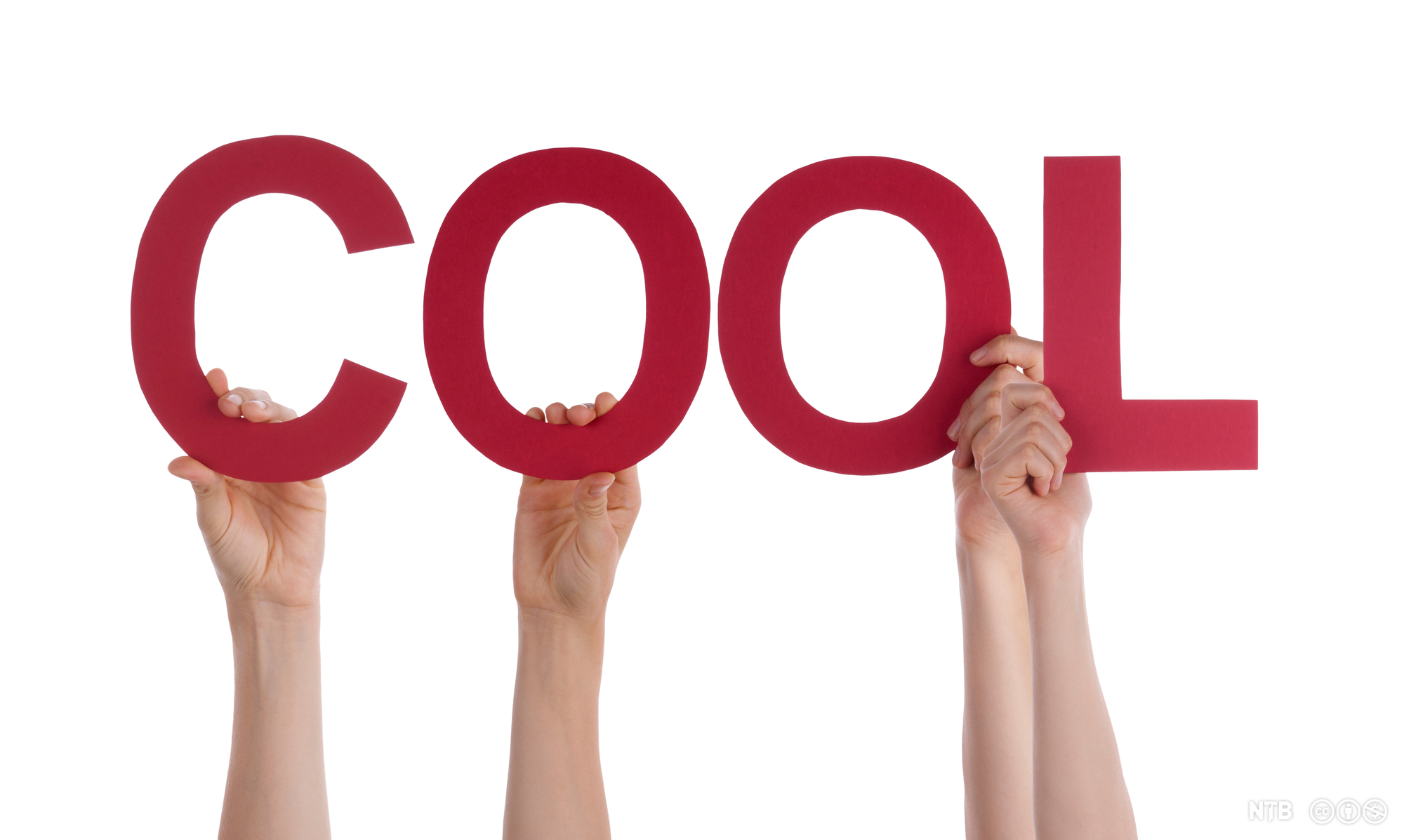 Many People Hands Holding Red Straight Word Cool. Photo.