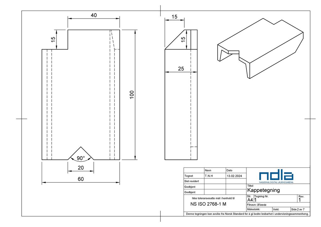 Teknisk tegning av en metallbit med et trekanta spor. Metallbiten vises både i sin helhet, sett ovenfra og sett fra sida. Tegninga er målsatt. 