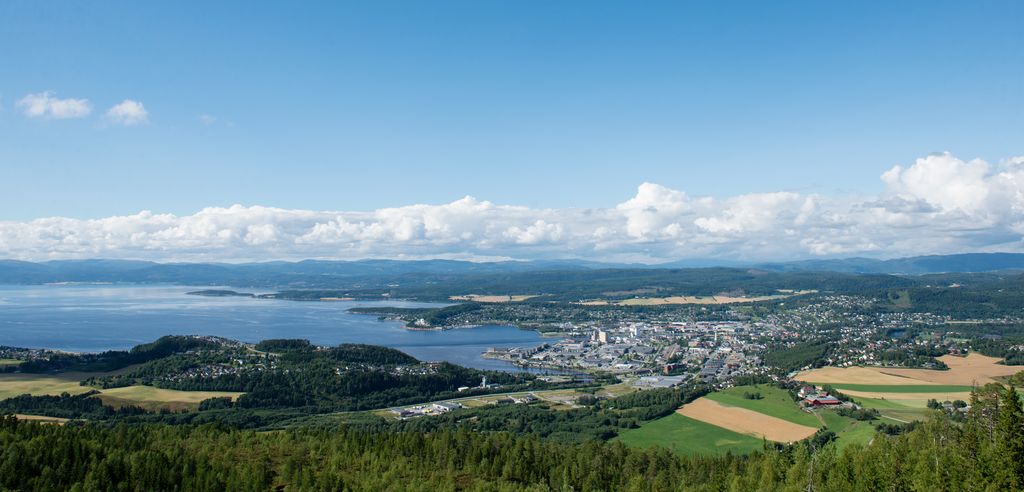 Oversiktsbilete med fjord og eit lite byområde inst i fjorden. Åkrar og skog rundt. Foto.