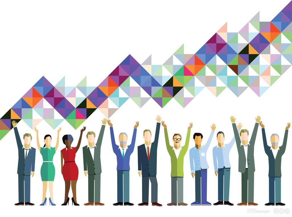 Mange personar står på rekke og rad og held hendene i vêret. Illustrasjon.