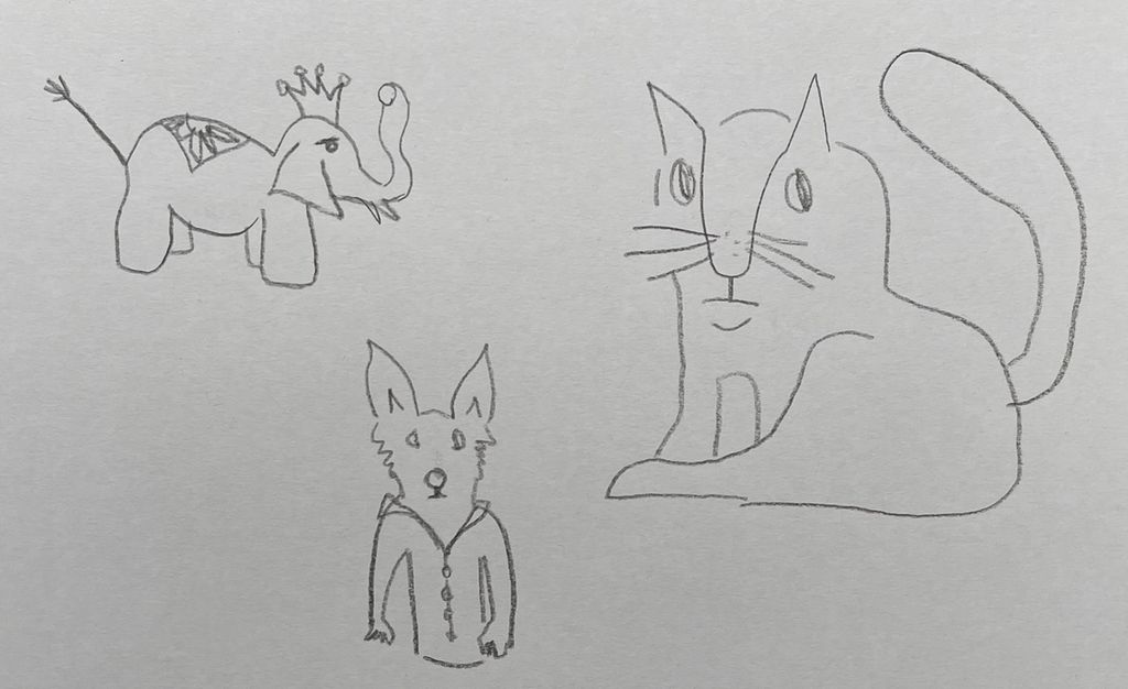 Teikning av ein elefant, ein hund og ein katt. Illustrasjon.