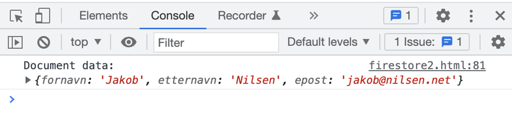 Konsoll i nettlesar med utskrift av elevdata frå Firestore. Skjermbilete.
