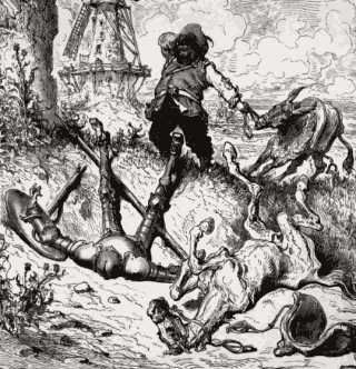 En ridder, Don Quijote, og en hvit, tynn hest ligger på ryggen. Hjelperen og hans esel ser på. I bakgrunnen er det vindmøller. Gammel illustrasjon.