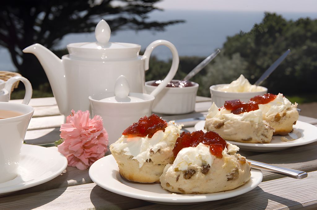 A table set for a cream tea outdoors, a pink flower on the table. Photo.
