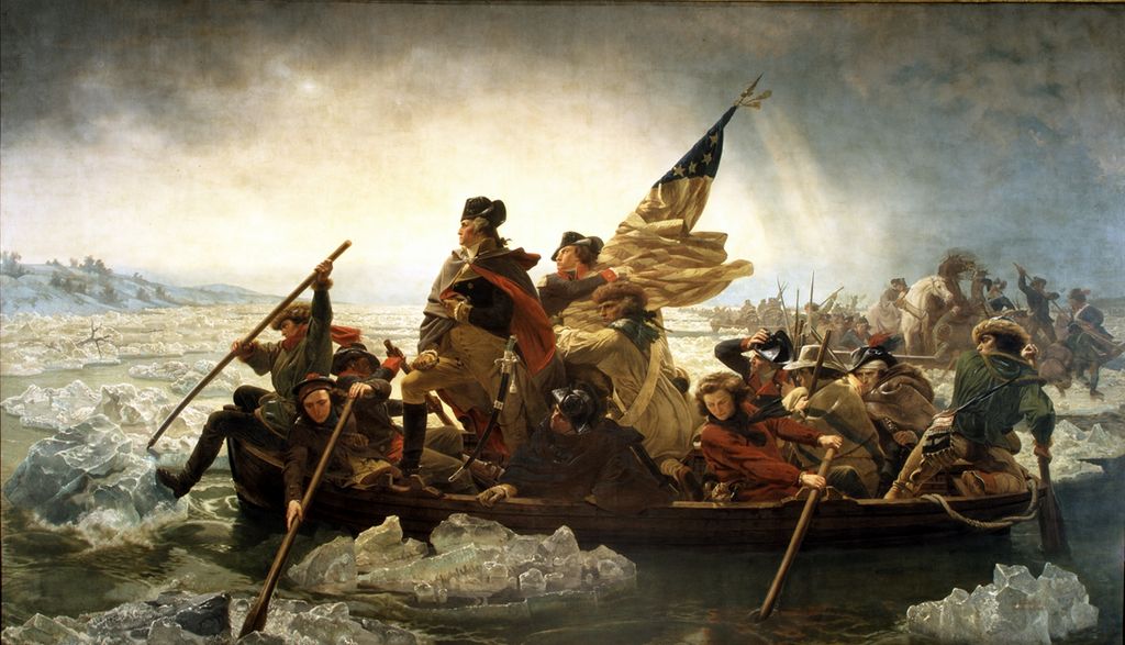 General George Washington is standing up at the front of a crowded boat as they cross the river Delaware. Painting from the American Revolution.