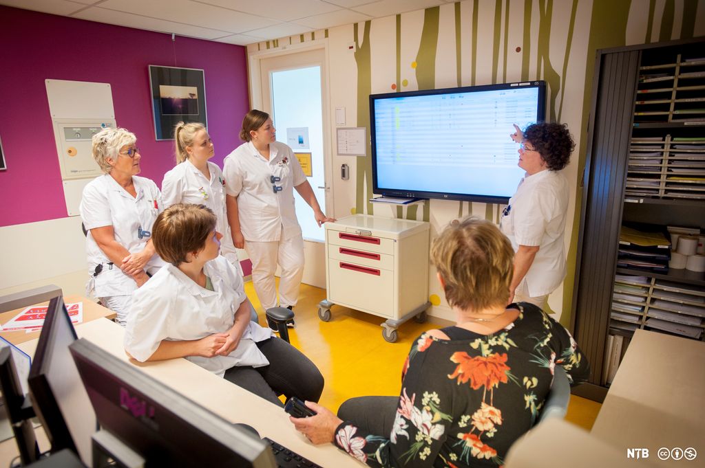 Fem personar, fire av dei i kvit uniform, lyttar til ei kvinne som viser noko på ein stor skjerm. Foto. 