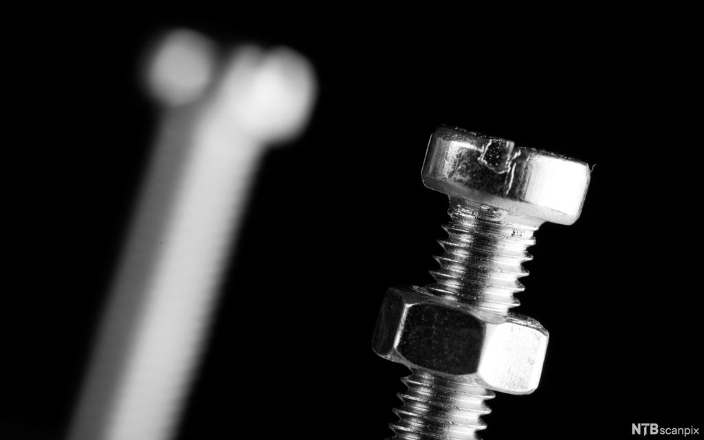 Nærbilde av bolt med mutter. Foto.
