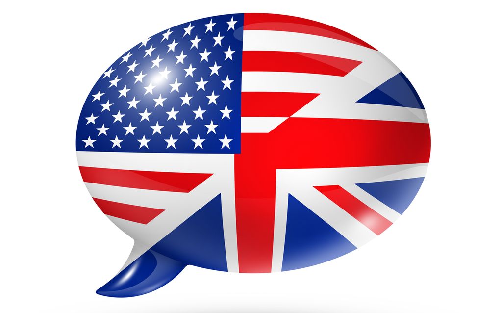 A speech bubble filled with the British and the American flag. Illustration.