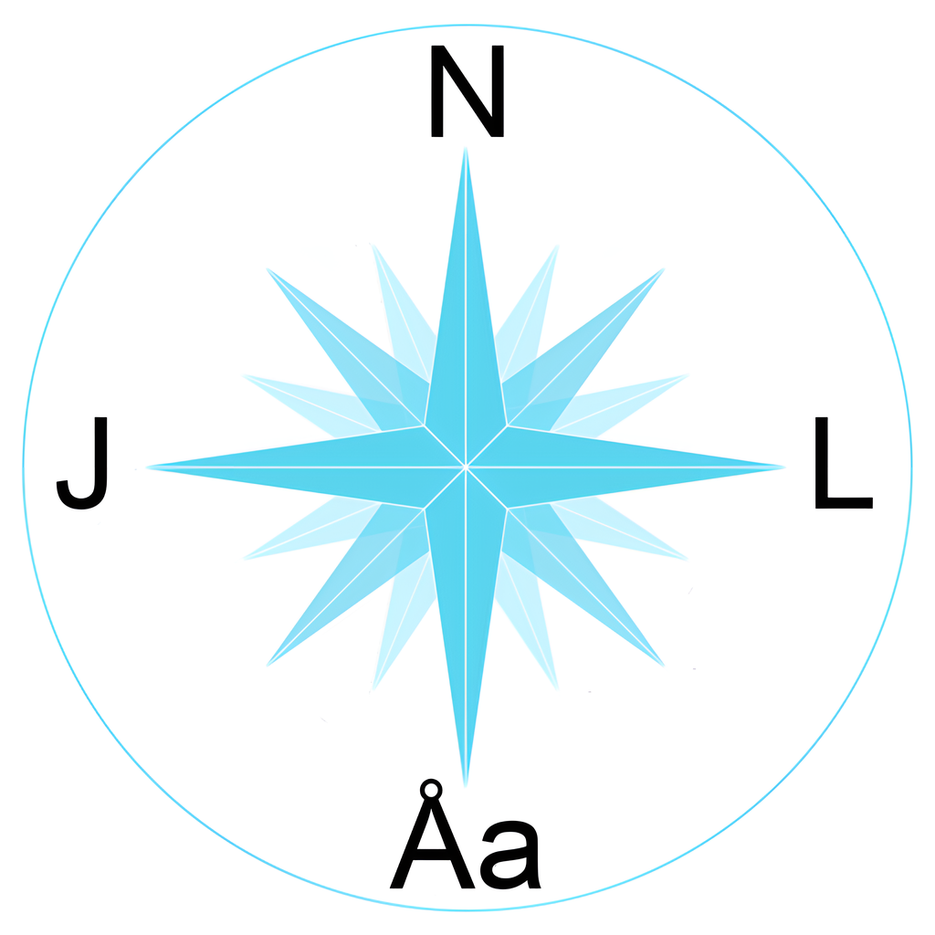 Kompassroser otnegigujmie. med forkortelser for himmelretningene på sørsamisk. Komrassrose lea goh plaave naestie. Otnjegh noerhte (N), luvlie (L). åarjel (ÅA), jillie (J) vuesiehtieh. Guvvie.
