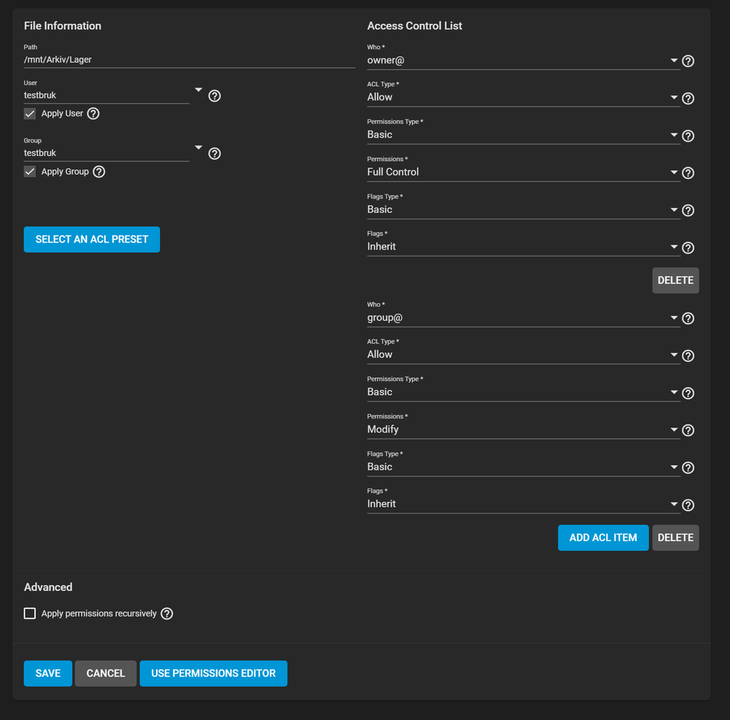 Utklipp fra "ACL permission". Skjermbilde.