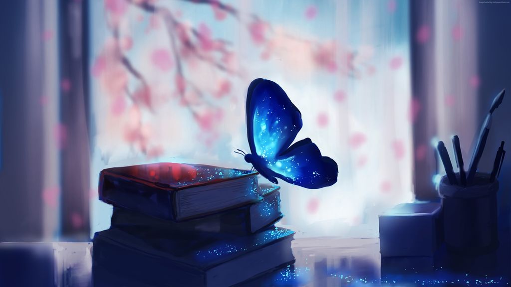 Blue butterfly sits on a pile of books. Illustration.