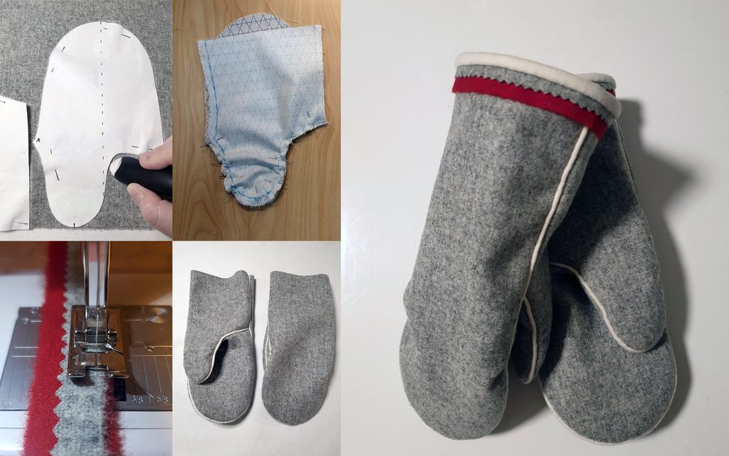 Fotomontasje av fem bilder som viser hvordan man syr votter med samisk inspirasjon. 