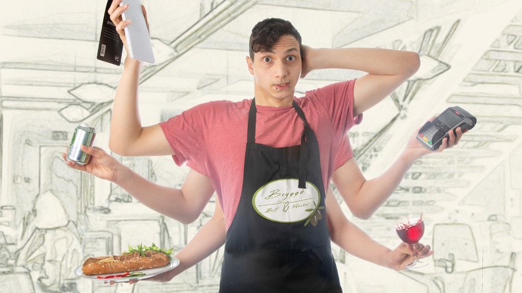 Ung servitør som ser forvirret ut. Han har seks armer som holder forskjellige ting som mat, vin, øl, betalingsterminal og annet. Illustrasjon.