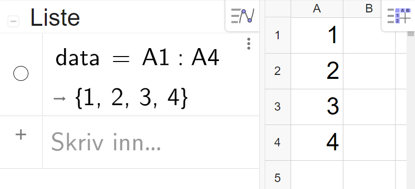 Utklipp som viser reknearket og algebrafeltet i GeoGebra. I reknearket er tala 1, 2, 3 og 4 lagt inn i cellene A 1 til A 4. I algebrafeltet står det data er lik A 1 kolon A 4. Resultatet er klammeparentes 1 komma, 2 komma, 3 komma, 4 klammeparentes slutt. Skjermutklipp.
