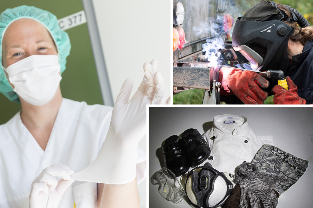 Kollasj med tre bilete. Eit bilete av ein sjukepleiar med hårnett, munnbind og hanskar. Eit bilete av ein person som sveiser, med maske og tjukke hanskar. Eit bilete av eit utval verneutstyr: sko, pustemaske, hanskar, skjorte og briller. Foto.