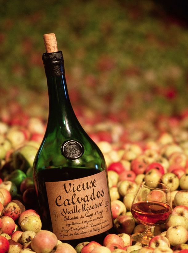 En flaske med calvados i en haug med epler. Foto.
