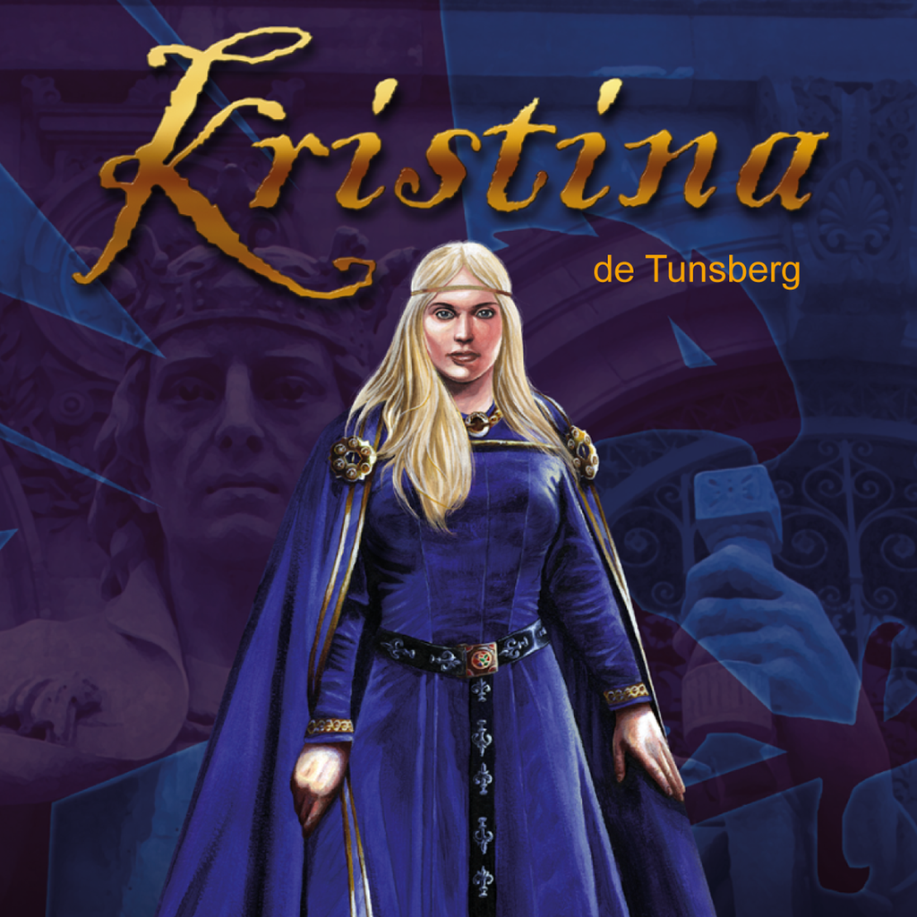 Ung kvinne med langt, lyst hår, en blå kjole med gullkanter og ei blå kappe festet med store spenner ved skuldrene. I bakgrunnen er en mann med krone svakt synlig. Tittel øverst: Kristina. Illustrasjon.