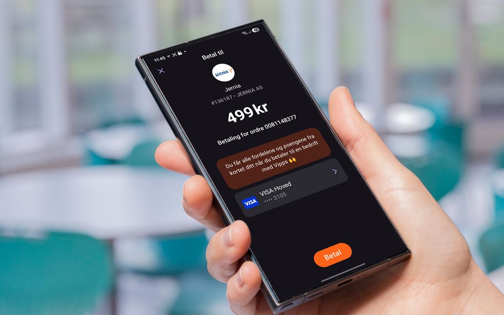 Ei hånd holder en mobiltelefon. Av skjermbildet på telefonen forstår vi at noen er i ferd med å bruke Vipps til å betale for ei vare i en nettbutikk. Foto.