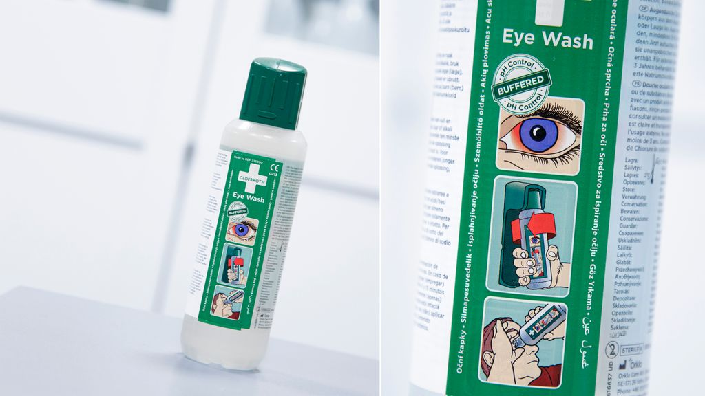 Kollasj av øyeskylleflaske og merking på flaska hvor tegninger viser hvordan den skal brukes. Foto.