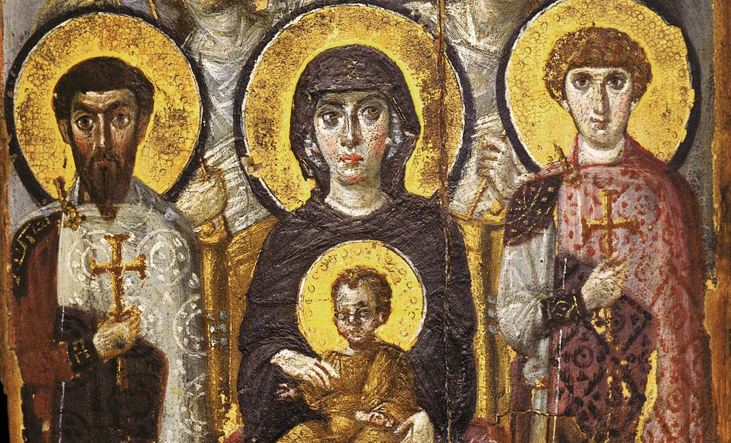 Et ikon som viser Madonna med Jesusbarnet på fanget. Ved siden av henne står to helgener, og bak henne står to engler. Illustrasjon.