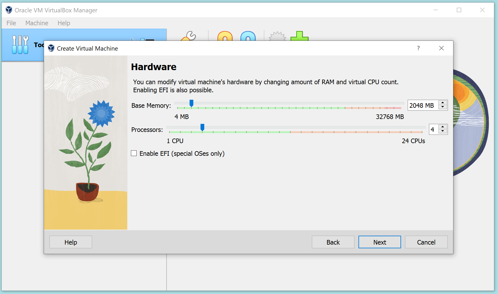 Skjermbilde som viser veiledervindu med en skyveknapp og tekstfelt for å bestemme mengden RAM og antall prosessorkjerner den virtuelle maskinen skal få.