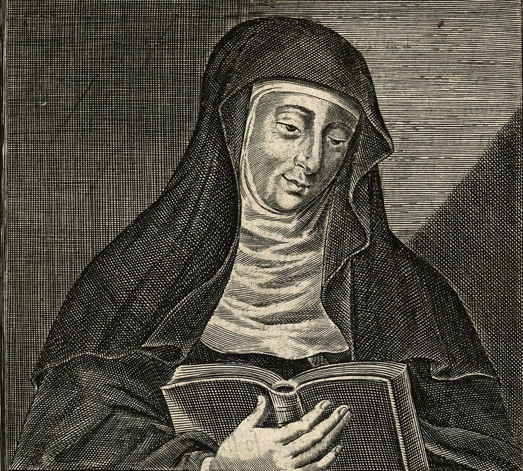 Nonne holder bok. Trykk.