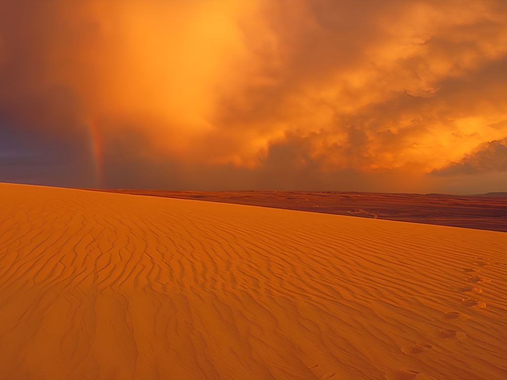Ørkenlandskap i oransje og brune toner med en gyllen himmel over. Foto.