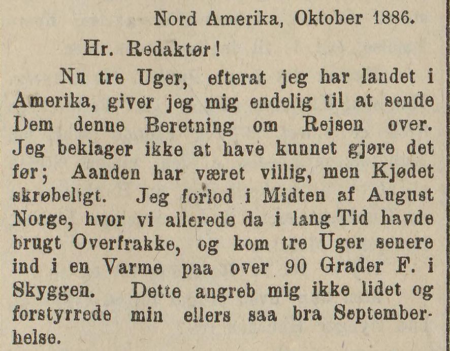 Innhold i utdrag fra reisebrev skrevet av Knut Hamsun i Nord-Amerika til Dagbladet, datert oktober 1886. Illustrasjon.