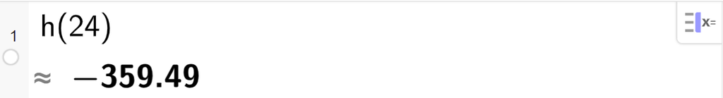 CAS-utregning med GeoGebra. På linje 1 er det skrevet h av 24. Svaret med tilnærming er minus 359,49. Skjermutklipp.