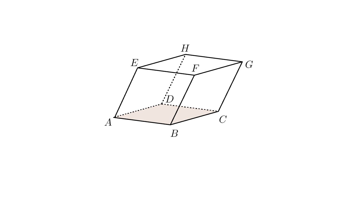 Illustrasjon som viser et parallellepiped A B C D E F G H der A B C D er grunnflaten og E F G H er toppflaten.