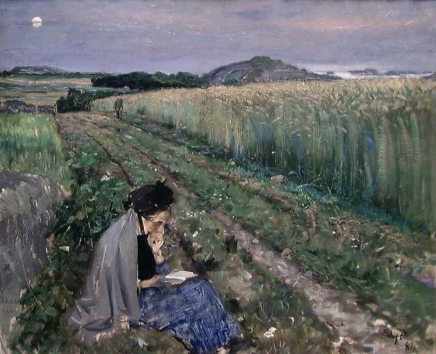 Maleri av ei kvinne som sitter i utkanten av en kornåker og leser i ei bok. Foto.