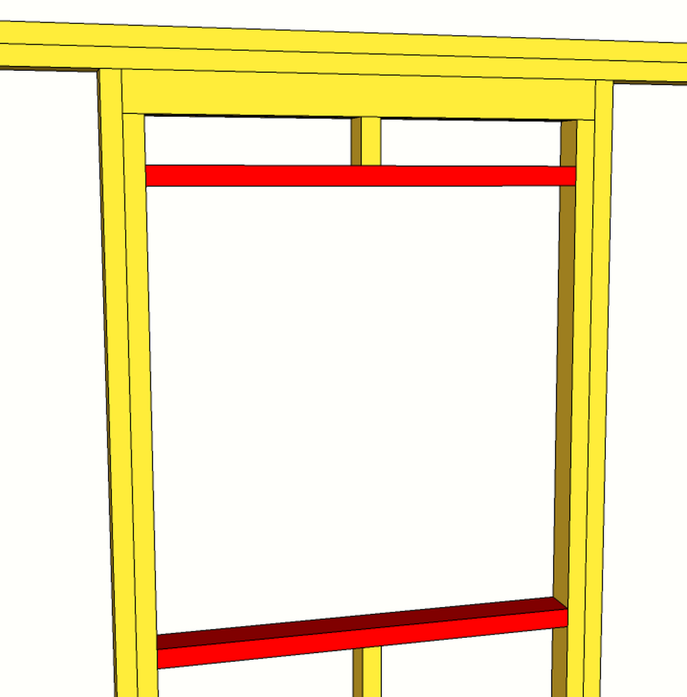 Losholt (farga ruadt) over og under eit vindauge. Teikning.