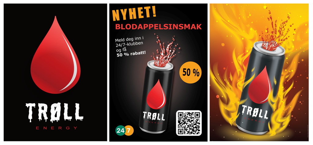 Kollasj med tre reklameplakater for en energidrikk. Den første plakaten har en rød dråpe med teksten Trøll under. Den andre plakaten har en brusboks med påskriften Trøll omgitt av slagord, tilbudsmerking og en QR-kode. Den tredje plakaten har en brusboks med påskriften Trøll omgitt av flammer.