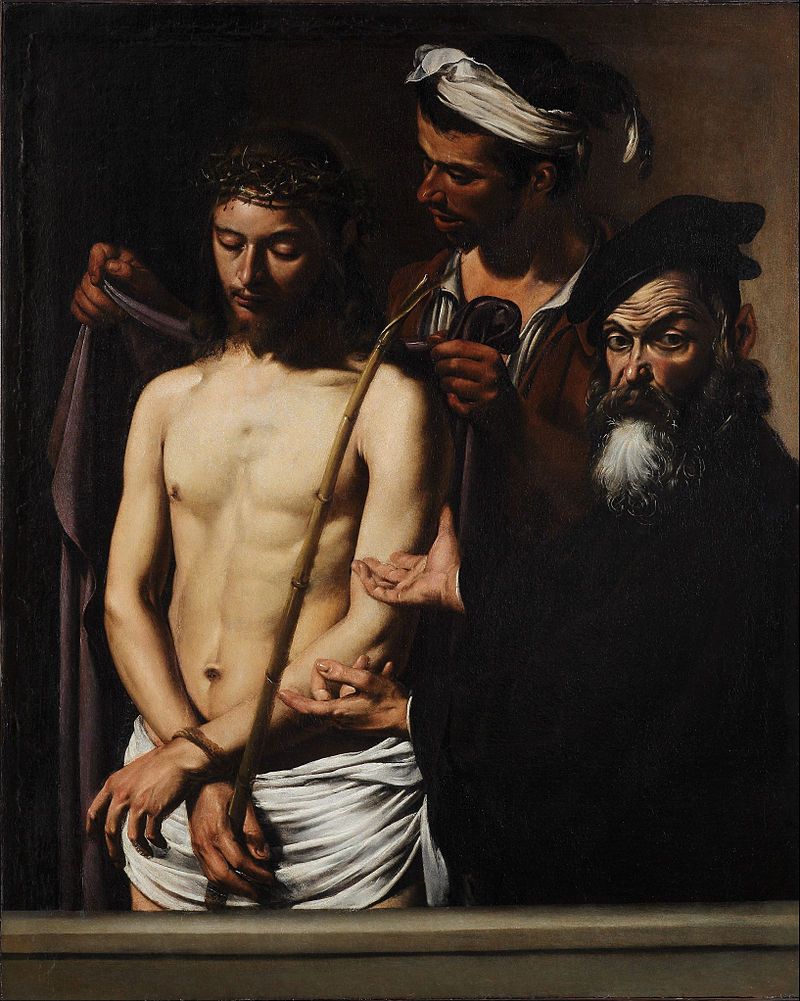 Jesus blir påkledd ei kappe. Hendene hans er bundne saman. Måleri.