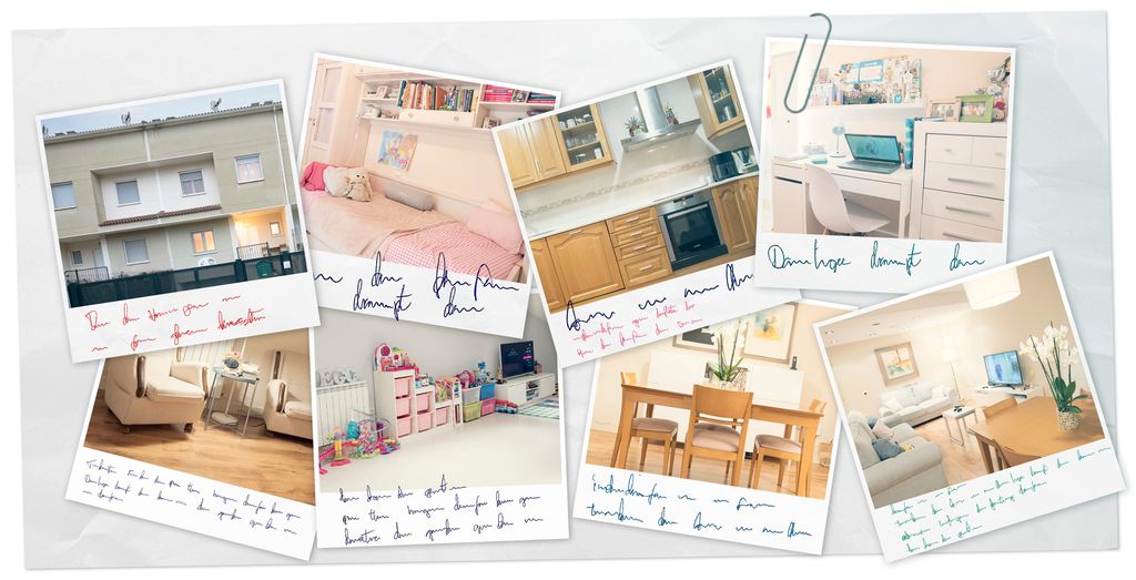 Kollasj med åtte bilder av et rekkehus utenfra og fra ulike rom: soverom, kjøkken, kontorplass, stue, lekerom, spiseplass og tv-stue. Under hvert bilde er det uleselige notater. Foto.