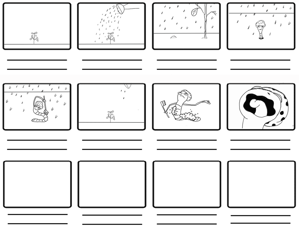 Eit uferdig storyboard om ein mark som dusjar i ei vatningsstråle. Illustrasjon.