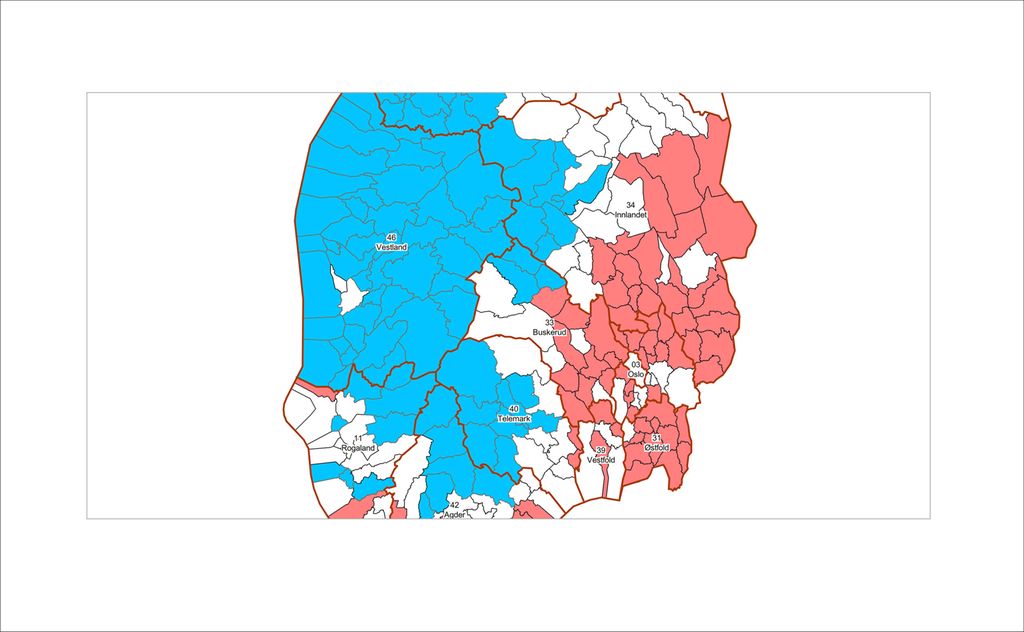 Eit kart over den sørlege delen av Noreg. Det viser fylkesgrenser og fylkesnamn, og nokre kommunar er kvite, nokre er blå, og nokre er raude. Illustrasjon.