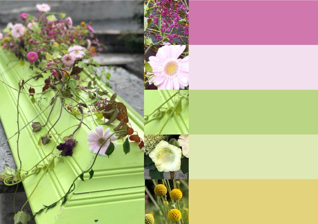 Foto av grønt kistelokk med båredekor i transparent stilform, nærbilder av hovedblomstene og fargepalett. Foto.