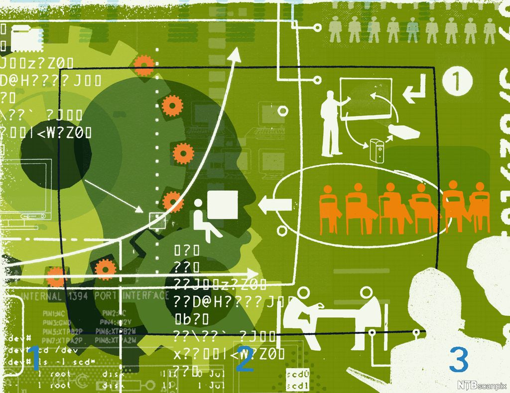 Grønn bakgrunn, symboler på personer, som sitter, som står, som jobber sammen, som presenterer. Illustrasjon.