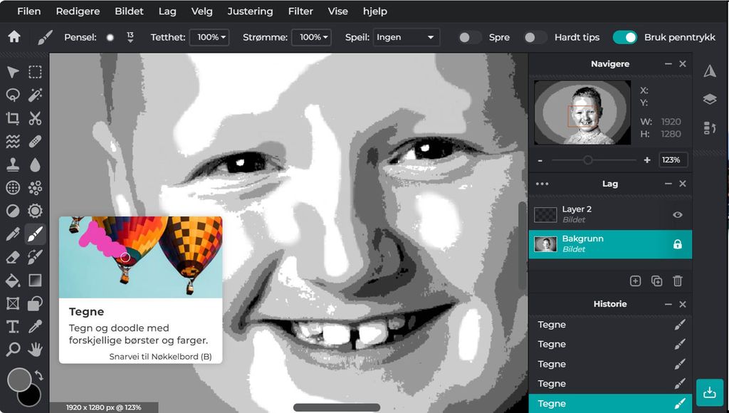 Skjermbilde fra et bilderedigeringsprogram. Nærbilde av en blid gutt. Tegneverktøyet er aktivt. Foto.