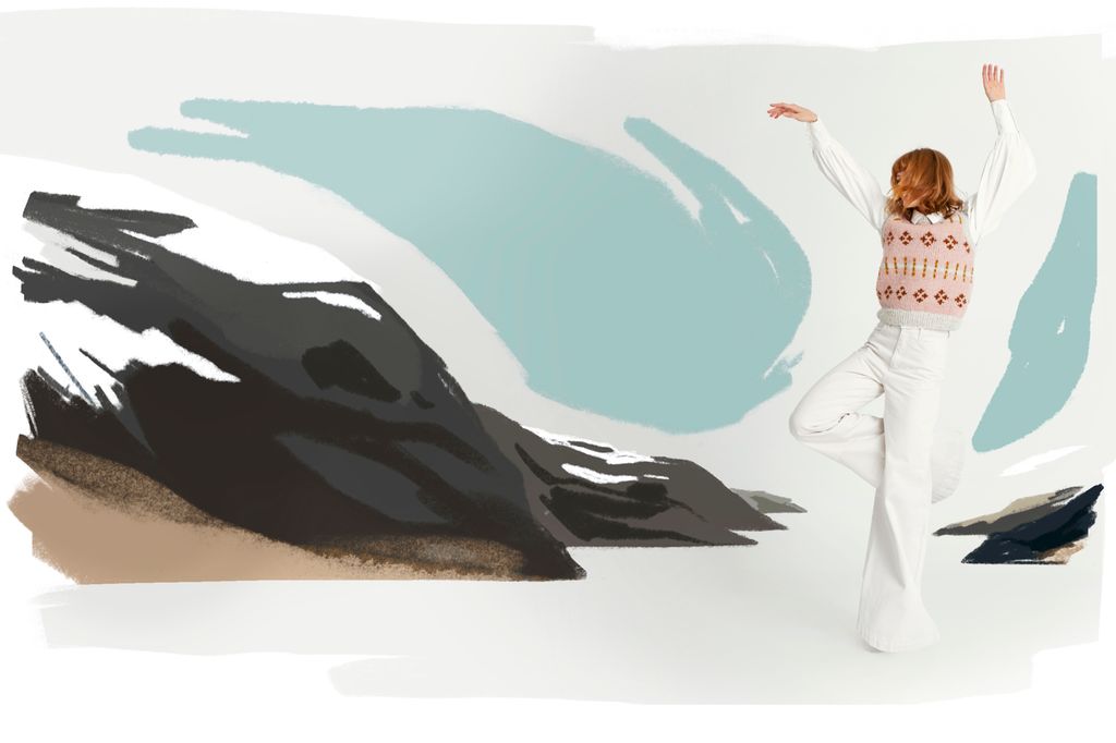 Modell med strikkevest satt inn i et stilisert fjellandskap. Bearbeidet foto.