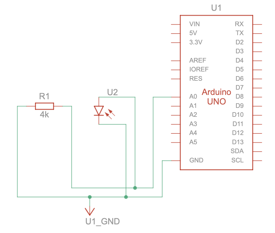 Elektrisk koblingsskjema som viser kopling av en Arduino og en fotodiode.  Skjermutklipp.