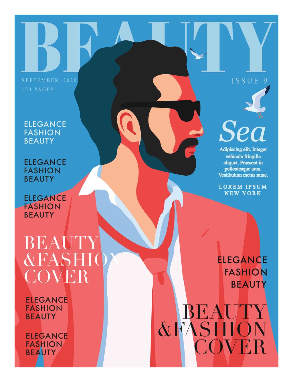 Magasinframside som viser illustrasjonen av mann i rød dress,  med solbriller, mørkt hår og skjegg i forgrunnen. Bakgrunnen er holdt i en kontrasterende blåtone. Illustrasjon. 