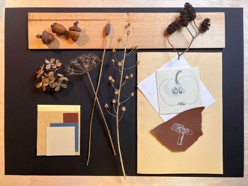 Fysisk inspirasjonsark med naturmaterialer og eksempler på tegninger. Foto.