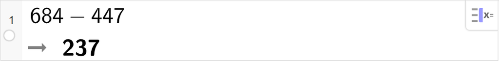 På linje 1 i CAS-vinduet i GeoGebra er 684 minus 477 regnet ut til 207. Skjermutklipp.